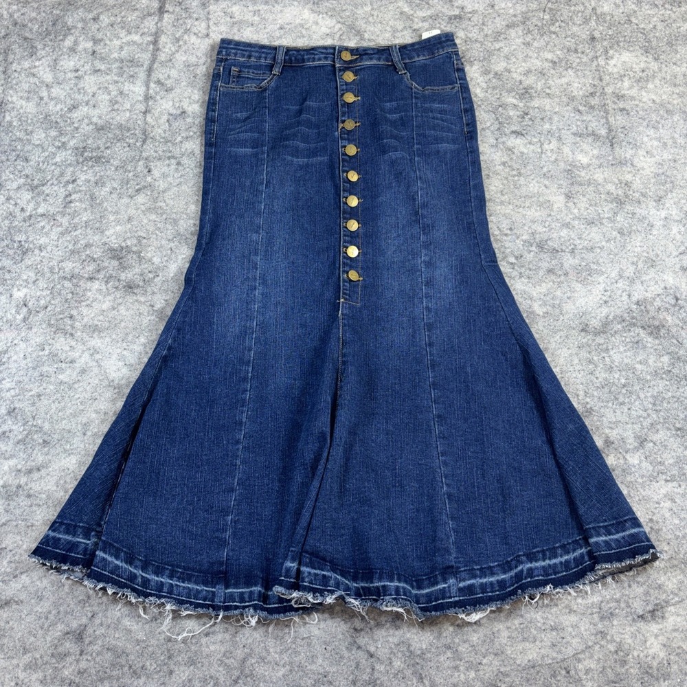 High Waist Denim Jean Skirt Women's Size 30 Dark Wash‎ Distressed Hem Fishtail